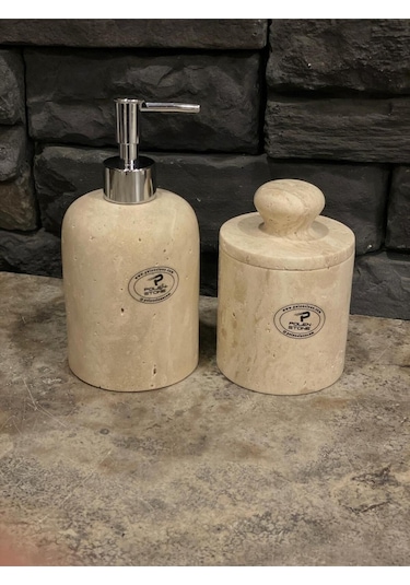 Traverten Sıvı Sabunluk Ve Pamukluk 2'li Set Gold