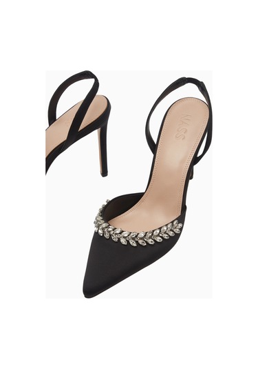 Nass Sandra 100 Kristal Işlemeli Saten Slingback Stiletto, Şık Ve Zarif Siyah