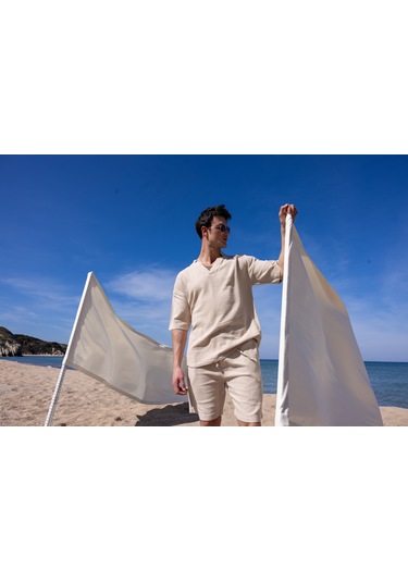 Bej Renk V Yaka Gömlek Şort Erkek Yıkamalı Keten Takım-1737 Bej