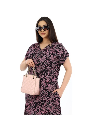 Kadın Viskon Yarım Kol V Yaka Halkalı Cepli Elbise Pembe Pembe