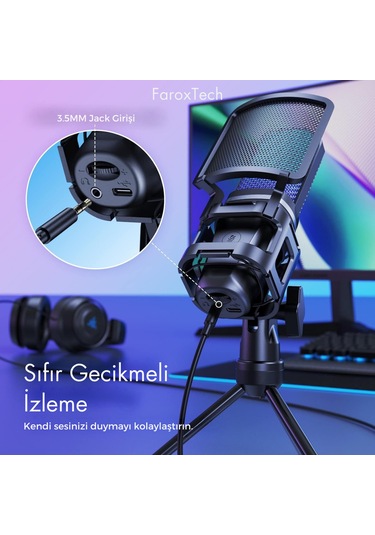 Profesyonel Yayıncı Mikrofonu - Stüdyo Kalitesinde Ses Kaydı - Gecikme - Rgb Işıklı