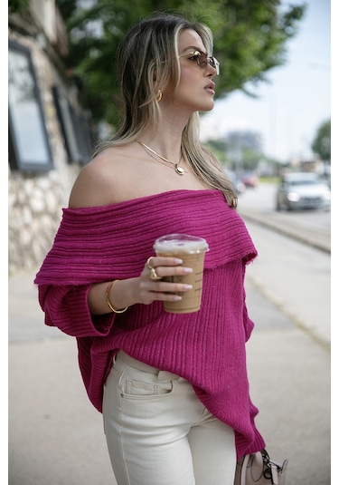 Lela Oversize Fit Madonna Yaka Triko Bayan Kazak 4615216 Fuşya