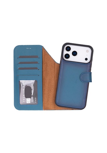 Bloomcase Magic Wallet Midnight Blue iPhone Uyumlu 17 Pro 6.3" Hakiki Deri Çıkarılabilir Cüzdanlı Telefon Kılıfı Mavi