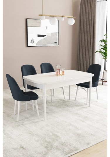 Sar Pakete Almira Serisi, Beyaz 80x132 Açılabilir Mdf Mutfak Masası Takımı 4 Adet Sandalye Antrasit