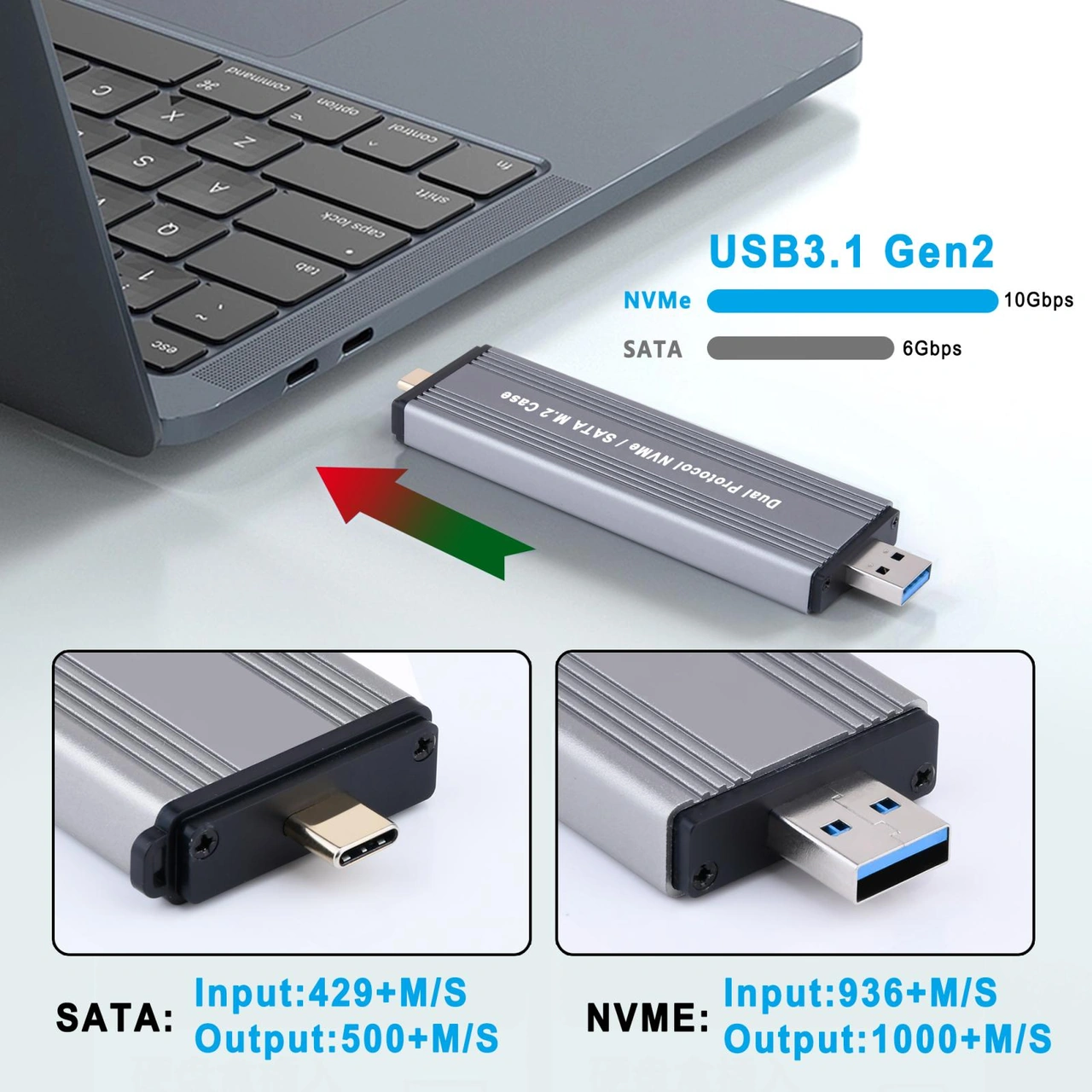 Sones M.2 Nvme 10gbps Usb3.1 Gen2 Nvme Sabit Disk Muhafazası, Doğrudan Takılabilir Usb + Type-c Çift Arayüz