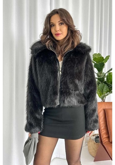 Fermuarlı Kısa Kürk Siyah T7746 Siyah