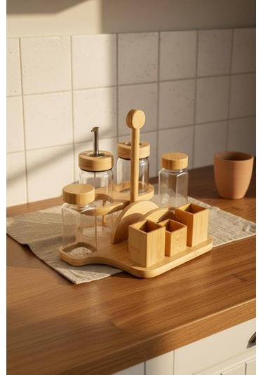 Bambum Mima - Peçetelik Ve Baharatlıklı 2'li Yağdanlık Küçük Ahşap
