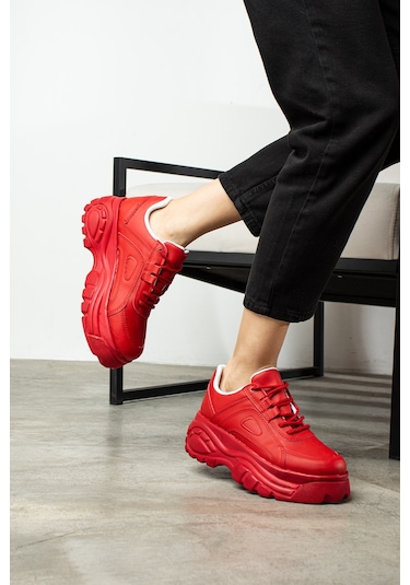 Günlük Kadın Spor Ayakkabı Yüksek Kalın Taban 6 Cm Suni Deri Sneaker 001 Kırmızı