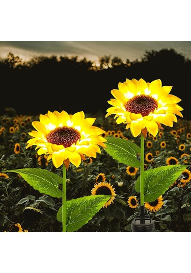 Tenfowee Güneş Enerjili Üç Başlı Ayçiçeği Bahçe Lambası - Simülasyon Çiçek Dekorasyonu - Çim Üstü Yerleştirme Tipi Opp Tekli Paket