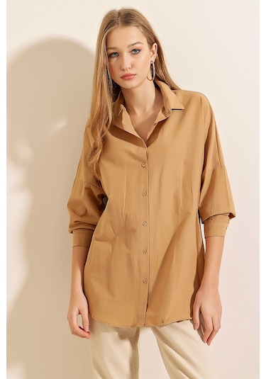 Bigdart 3900 Oversize Uzun Basic Gömlek - Bisküvi 001