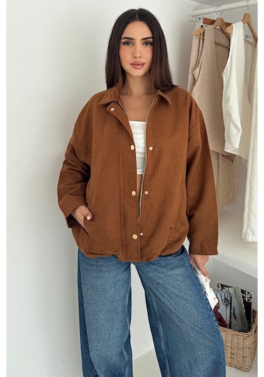 Kadın Fermuarlı Altın Düğmeli Mont Structured Style Taba