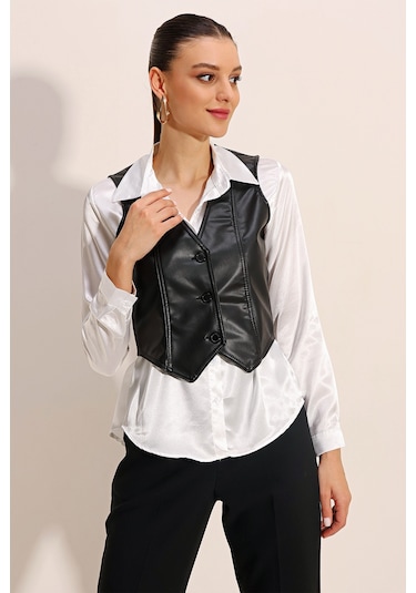 6790 Suni Deri Yelek - Siyah Siyah