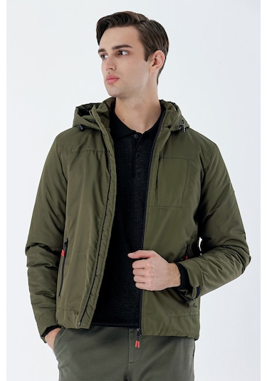 Koyu Haki Dik Yaka Astarlı Slim Fit Dar Kesim Casual Mont 1007235161-Koyu Haki