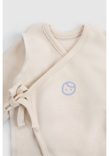 Ters Dikişli Organik Pamuk Ekru Prematüre Kruvaze Patikli Tulum Ekru