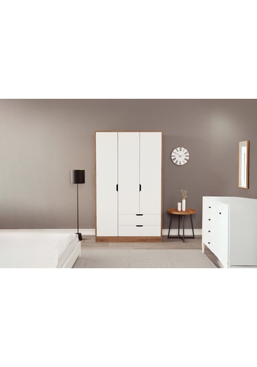 Moderno Trio 3 Kapaklı 2 Çekmeceli Gardırop Şık Ve Fonksiyonel Depolama Alanı Atlantik Çam - Beyaz