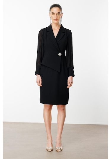 Moda İlgi Kadın Kolları Piliseli Kruvaze Kapamalı Midi Boy Elbise 6617 Siyah Siyah