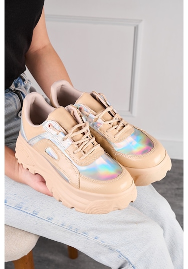 Günlük Kadın Spor Ayakkabı Yüksek Kalın Taban 6 Cm Suni Deri Sneaker 001 Nude Holo