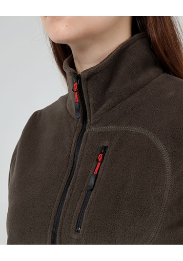 Genius Store Tam Fermuarlı Outdoor 3 Cepli Spor Kadın Polar Ceket Haki