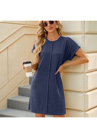 Sones Kadın Organik Pamuk Kısa Kollu Midi Elbise Rahat Bol Kesim Saf Renk İlkbahar Yaz Elbisesi Lacivert