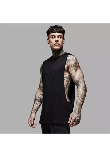 Muscleguys Erkek Spor Yelek - Pamuklu, Kolsuz, Hip Hop Stili, Uzun Kesim, Salon Egzersizleri İçin Black