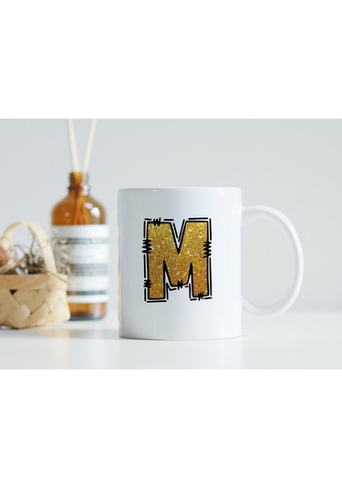 M Harfi Gold Simli Kupa Işıltılı Alfabe Harf Tasarımlı Kahve Kupası - Kişiye Özel Hediye Beyaz