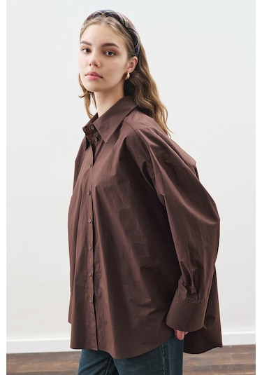 Tasarım Detaylı Oversıze Gömlek Acı Kahve Acı Kahve