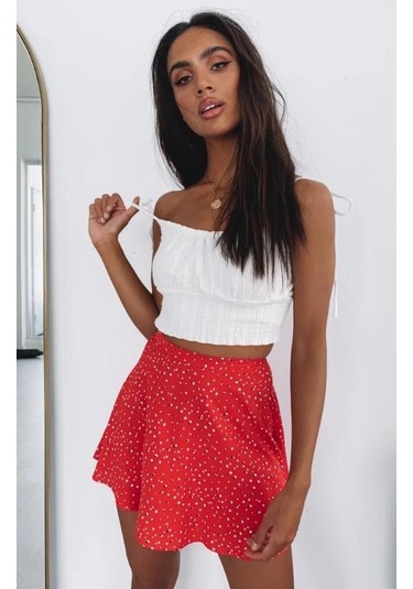 Kadın Çiçekli Yüksek Bel Fermuarlı Şifon Baskılı Kısa Halter Etek Sarı