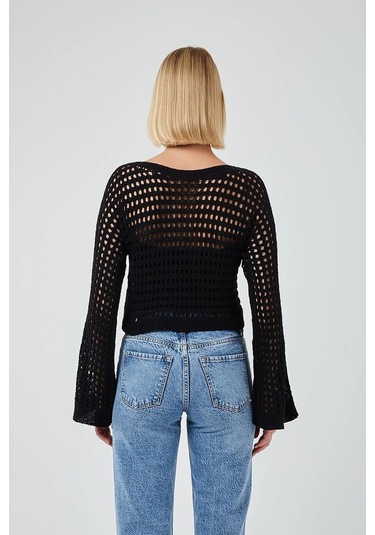 6853 Kadın Ispanyol Kol Ajurlu Crop Kazak Siyah Siyah