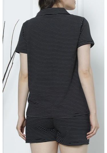 Kadın Şortlu Pijama Takımı Kısa Kollu Düğmeli Cepli Siyah Çizgili Siyah