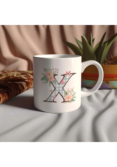 X Harfli Çiçek Desenli Kupa Bardak - Ekose Desenli Yeşil Pembe Desenli Tasarım - Kişiye Özel Hediye Beyaz