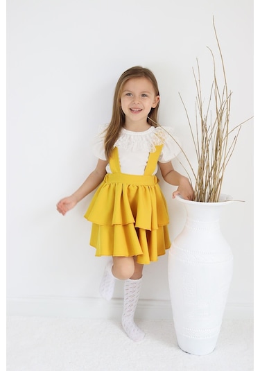 Kız Çocuk Helen Sarı Askılı Kat Kat Bağlama Jile Elbise Dantel Detay Ekru Kısa Kollu Bluz İkili Takım