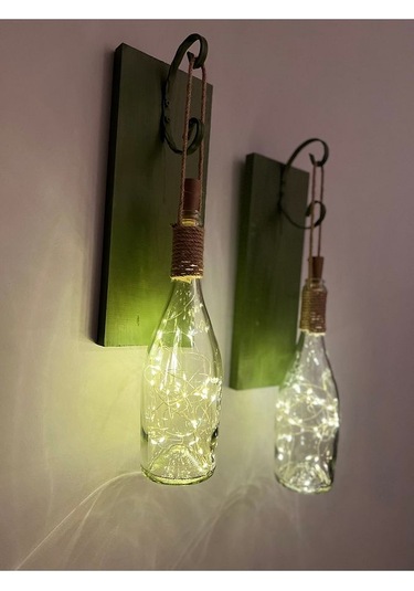 Tıpa Peri Led Işıklı Koyu Yeşil Ahşap Cam Şampanya Şişesi Duvar A Çok Renkli
