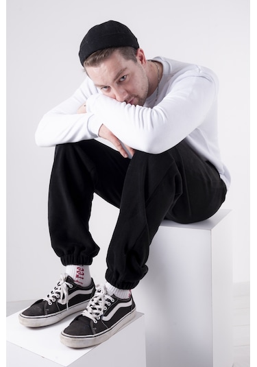 Kadın Erkek Siyah Cepli Paçası Lastikli Polar Eşofman Altı Siyah