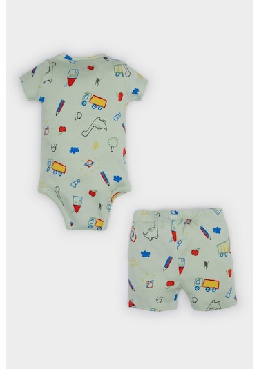 DeFacto Erkek Bebek 2'li Takım Dinazor Baskılı Kısa Kollu Fitilli Kaşkorse Çıtçıtlı Body Beli Lastikli Şort E8227A525SMGN1132 Yeşil