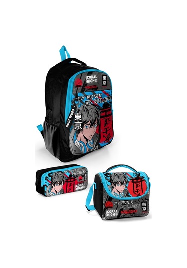 Coral High Kids Siyah Mavi Anime Desenli 3 Lü Okul Çanta Seti Set0123666
