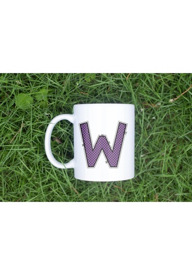 W Harfi Mor Puantiyeli Kupa Bardak - Polka Dot Tasarım Kahve Çay Bardak - Kişiye Özel Hediyelik Beyaz