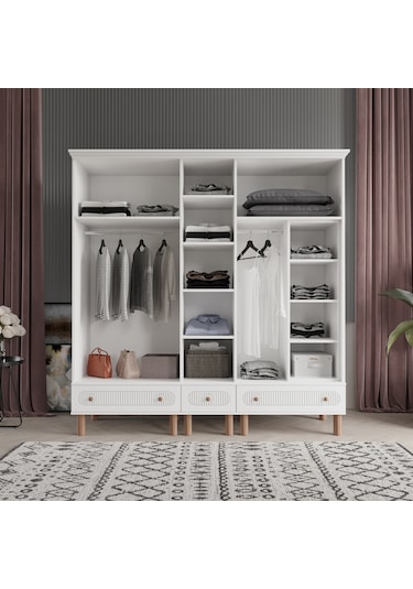Beenal Furkan 5 Kapaklı Gardırop, Çekmeceli Dolap 200cm Beyaz-Beyaz
