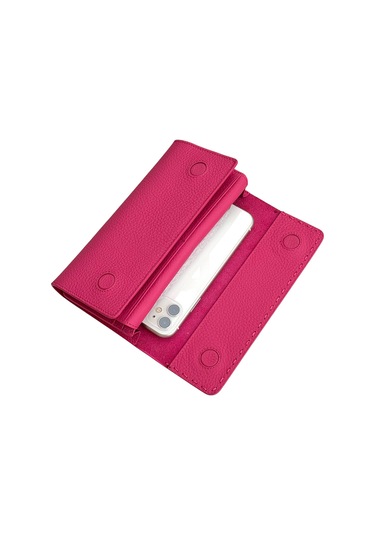 Fuşya %100 Hakiki Deri Dikiş Detaylı Gizli Mıknatıslı Kapaklı Özel Tasarım Kadın Cüzdan Portföy Fuşya