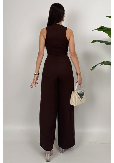 Crimson Icon Kadın Kemer Detaylı Askılı Bol Paça Kahve Tulum Rahat Şık Yazlık Kombin Kahve