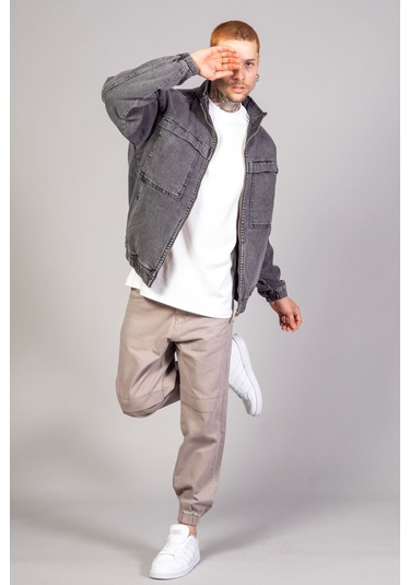 Oversize Erkek Siyah Kar Yıkama Modelli Fermuarlı Bomber Kot ... Füme