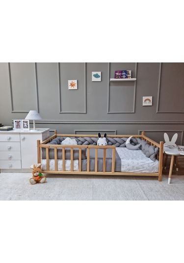 Montessori Beşik Uyku Seti - Örgü Kenar Gri Koruma Seti