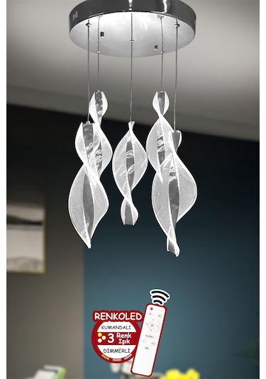 Kumandalı 3 Renk Işıklı Modern Sarkıt Led Avize Krom Kasa Salon,oda ,mutfak ,hol Avizesi Krom