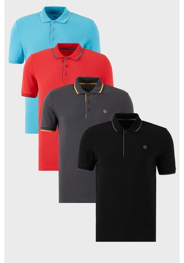 Buratti Pamuklu Slim Fit Şerit Detaylı Düğmeli Polo Yaka 4'Lü Paket Erkek T Shirt 5902118S4 Siyah-Kırmızı-Antrasit-Aqua Mavi
