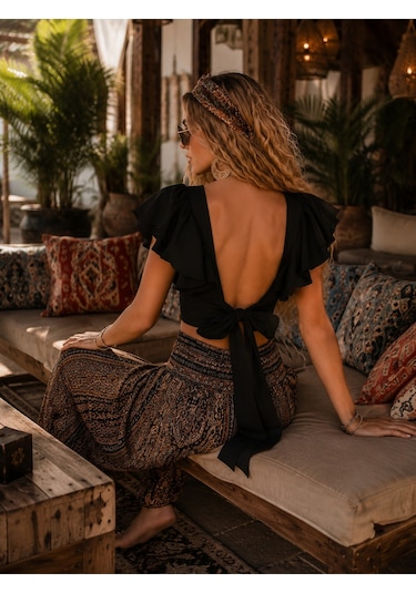 Na Addesıgn Bohem Chic Bluz Sırt Dekolteli Fırfır Kol Tasarım Crop Siyah