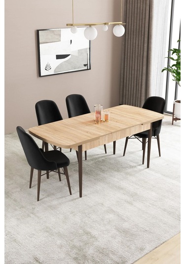 Sar Pakete Almira Serisi, Meşe Desen 80x132 Açılabilir Mdf Mutfak Masası Takımı 4 Adet Sandalye Siyah