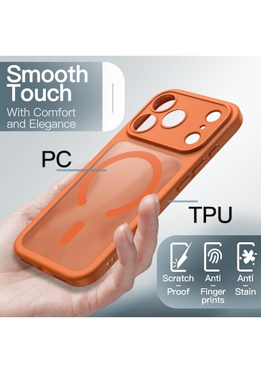 İphone Uyumlu 17 Pro Max Kılıf Mat Magsafe Şarj Özellikli Hassas Buton Yumuşak Turuncu Kenar Turuncu
