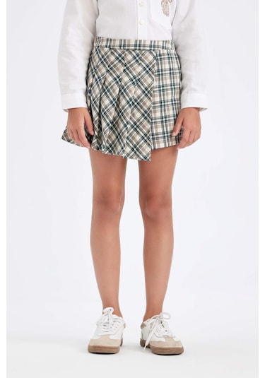 DeFacto Kız Çocuk Beli Lastikli Pileli Ekose Şort Etek C7296A824AUGN1116 Yeşil