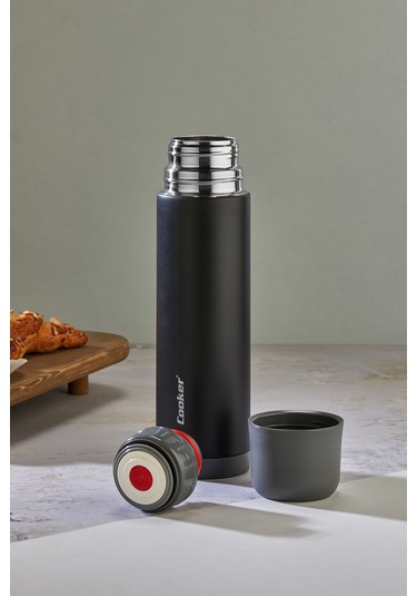 Cooker 0.50 Lt Paslanmaz Çelik Termos - 12 Saat Sıcak 24 Saat Soğuk - Kamp, Outdoor, Piknik, Ofis, Otel, Kafe, Okul, Seyahat Siyah