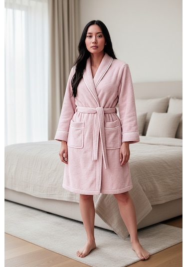 % 100 Pamuklu Laodikeia Şalyaka Bornoz Kadın Erkek Unisex Pembe