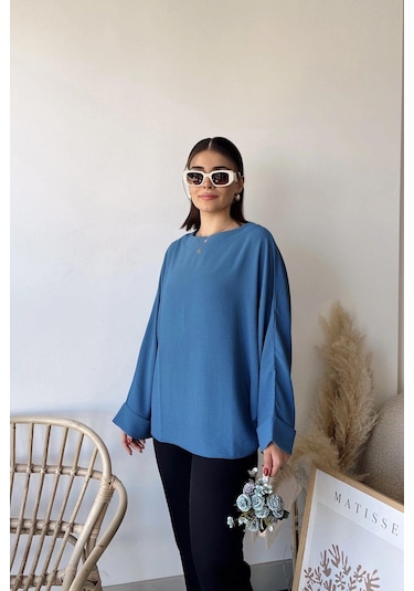 Kadın İndigo Airobin Yarasa Duble Kol Salaş Bluz Ekstra Oversize Yuvarlak Yaka - Tesettüre Uygun Indigo